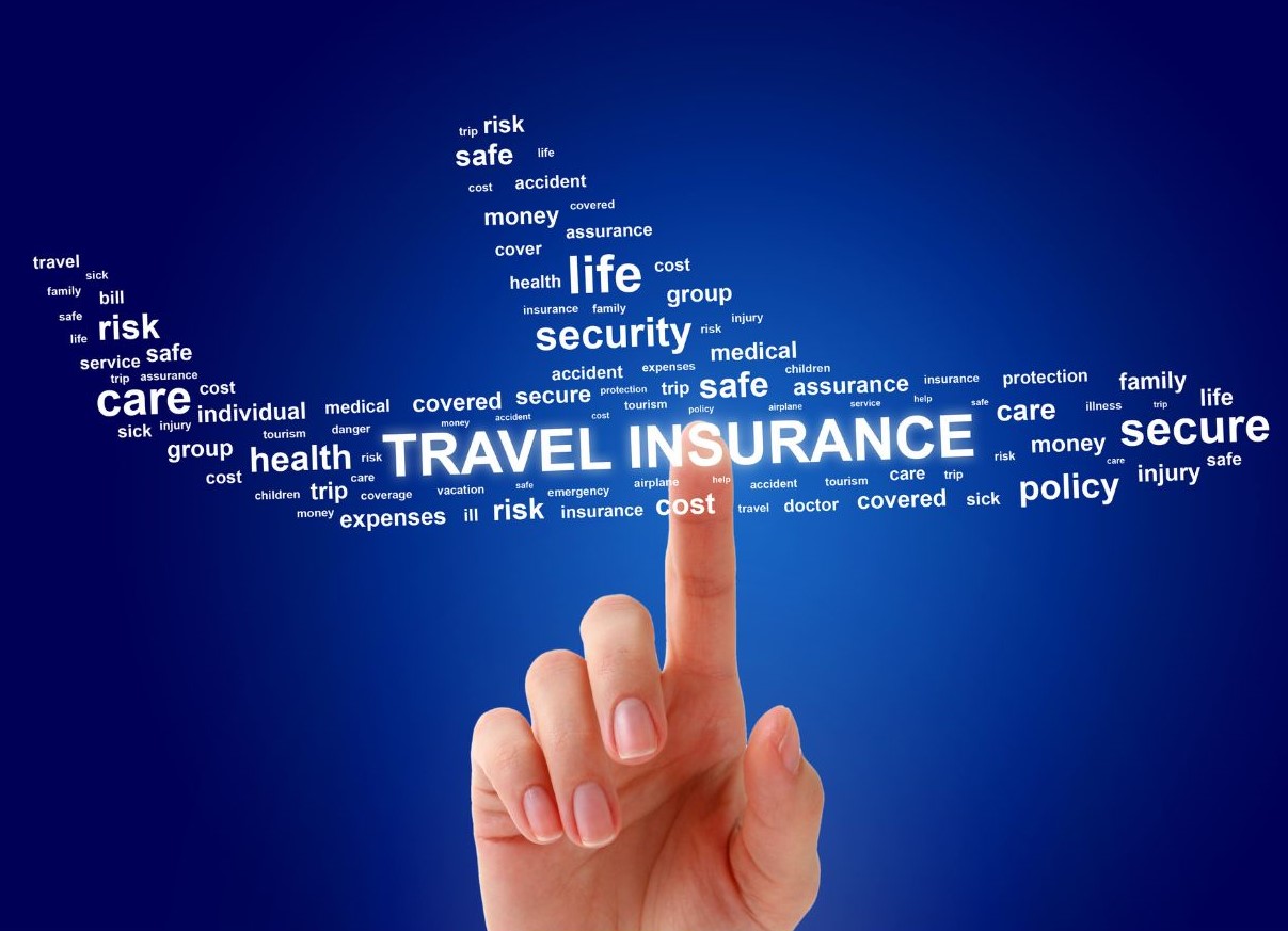 image of a word cloud shaped like an airplane. A human hand is pointing at the word 'travel insurance'