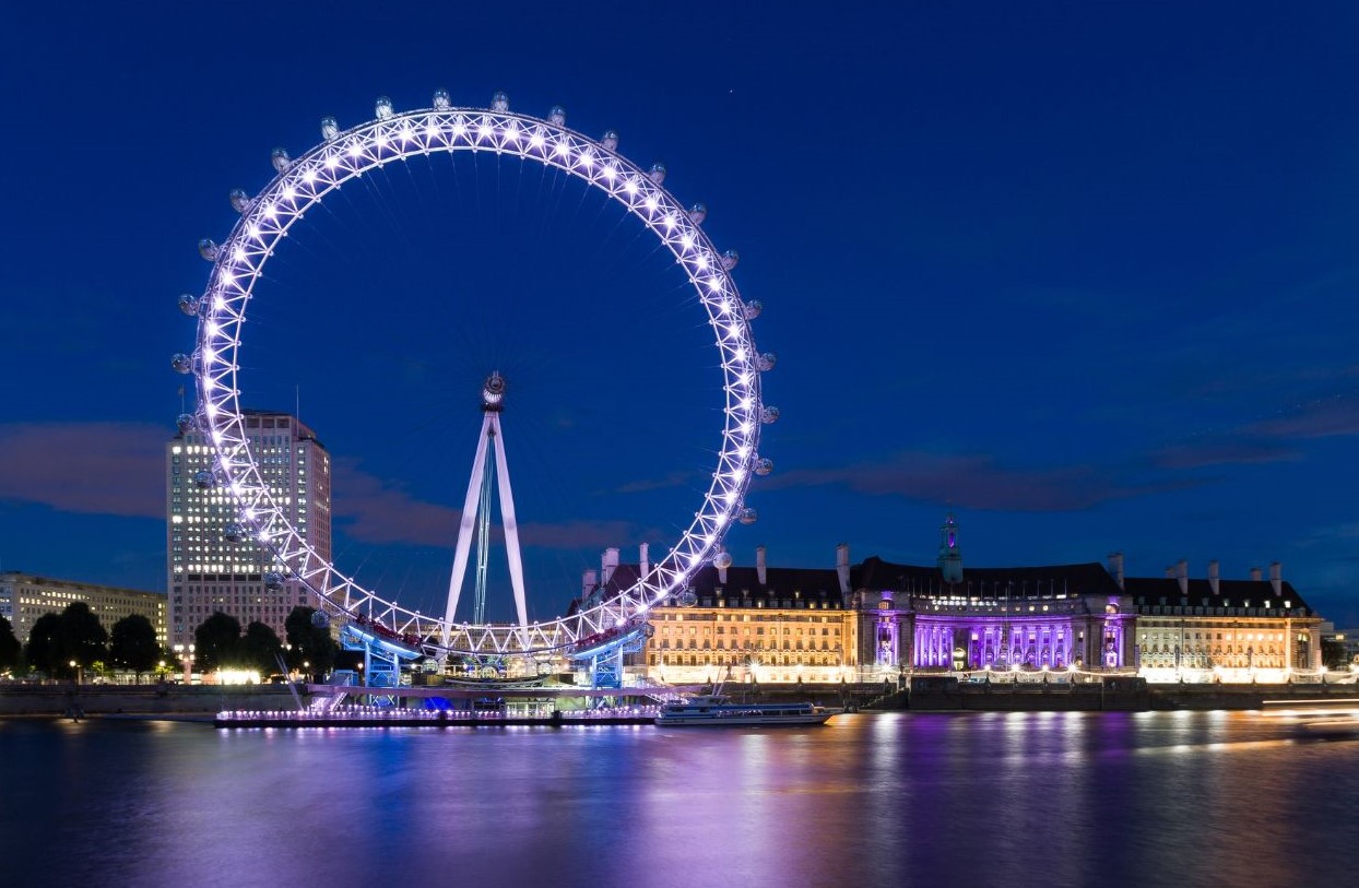 image of londons ferris wheel lighting up the water way